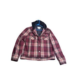 Sun + Stone Hooded Wool Blend Plaid Trucker Jacket - size Large